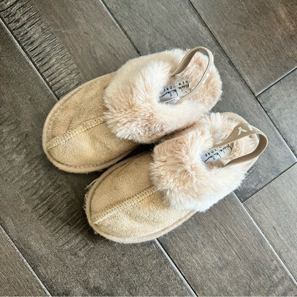 Nicole Miller New York Fur Lined Clog Slippers Boots 9 Tan Brown Strap